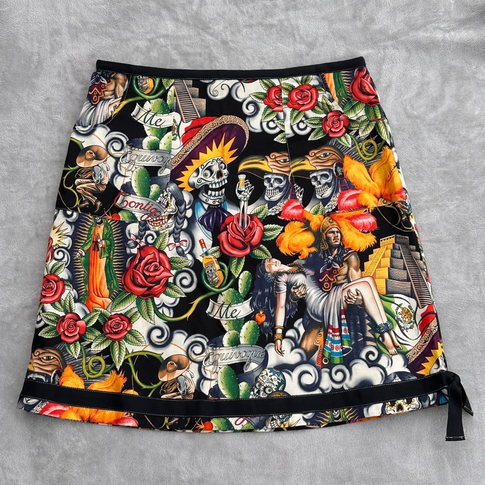 Carolina Perez Designs Mexican Tattoo Art Print Skirt Sugar Skull Aztec Roses L